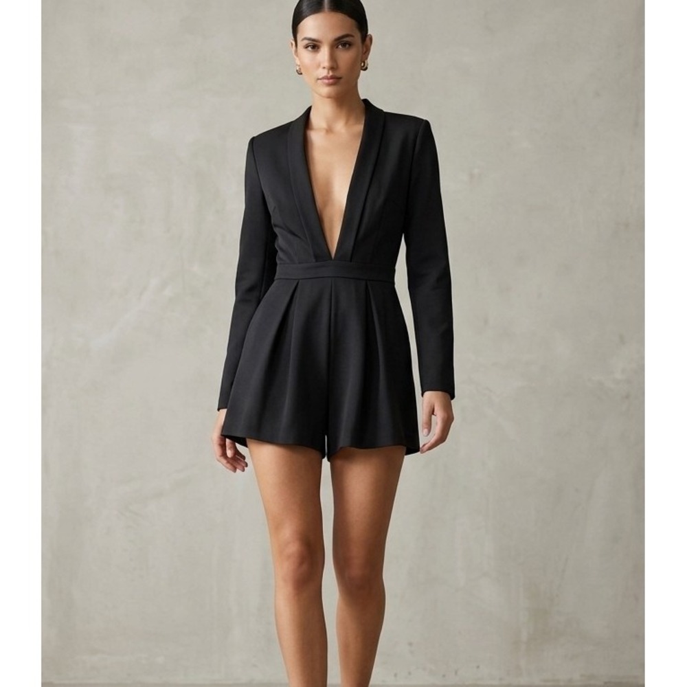 Lioness XS Mila Ponti Playsuit Romper Black Plunging Neckline Tuxedo Style